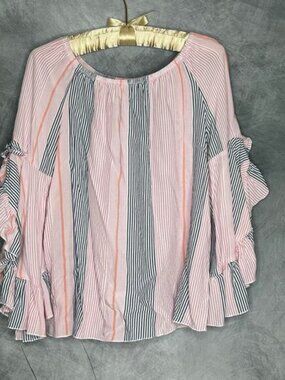 Fever Top Blouse Women S Boho Hippie Y2K Flare Sleeve Peasant Stripes Pink Black